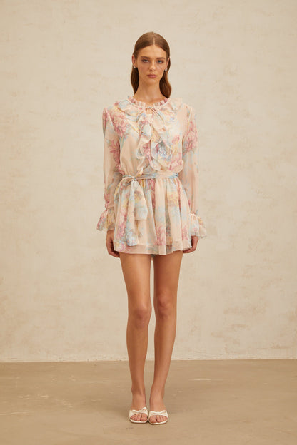 Aurore Neutral Floral Print Ruffled Chiffon Playsuit