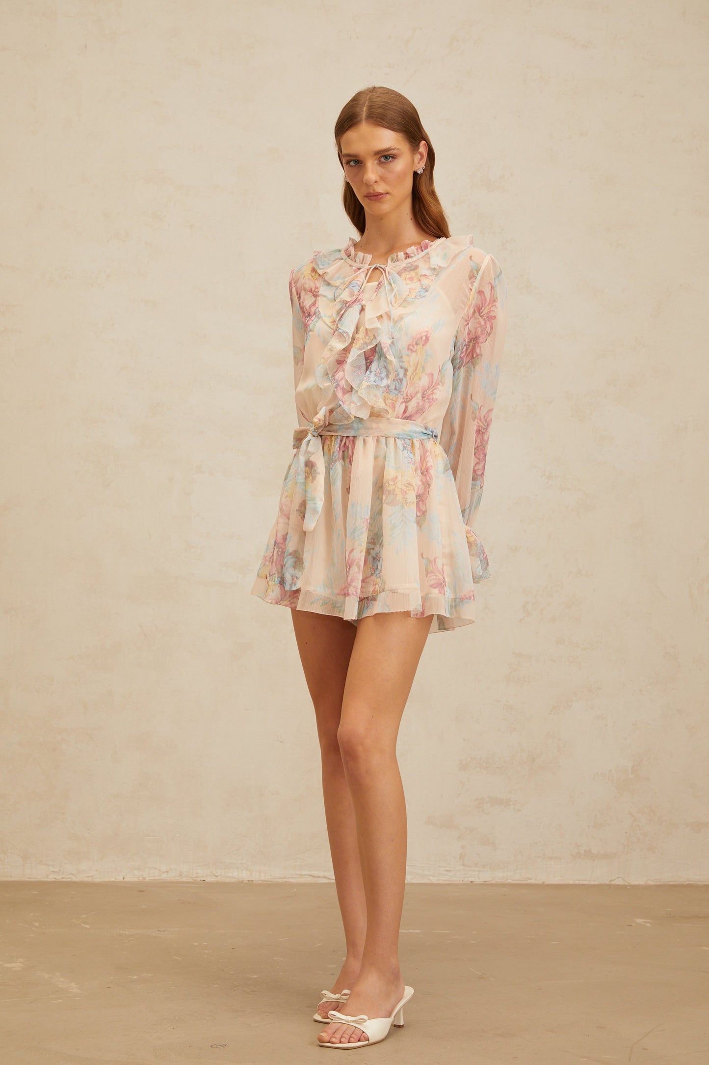 Aurore Neutral Floral Print Ruffled Chiffon Playsuit
