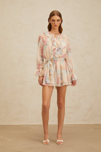 Aurore Neutral Floral Print Ruffled Chiffon Playsuit