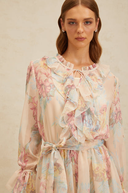 Aurore Neutral Floral Print Ruffled Chiffon Playsuit