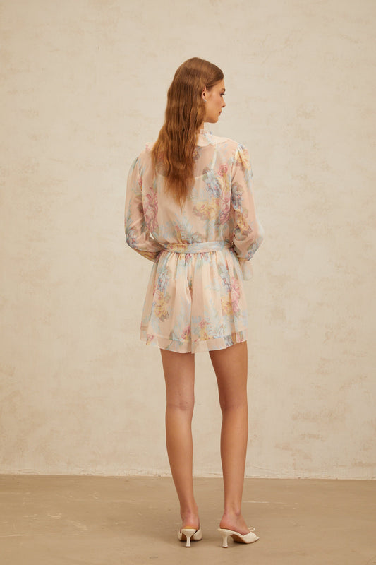 Aurore Neutral Floral Print Ruffled Chiffon Playsuit