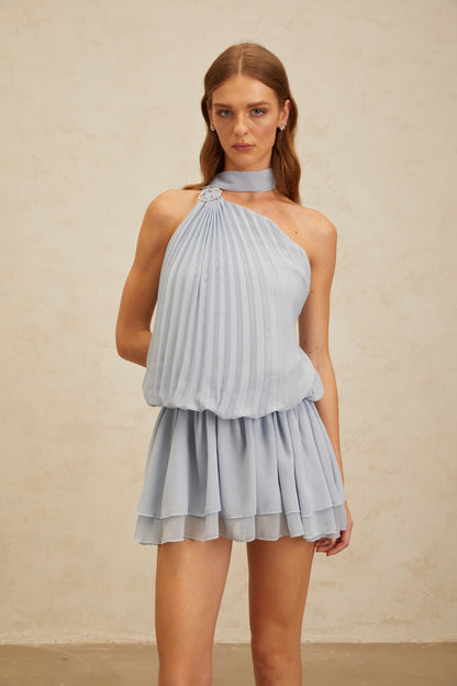 Angèle Blue Halterneck Fully Pleated Mini Dress