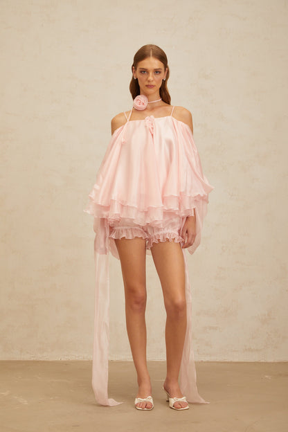 Amélie Pink 3D Petal Tulle Top & Shorts Set