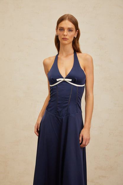 Vérane Sapphire Bowknot Satin Maxi Dress