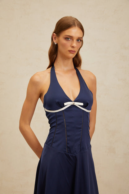 Vérane Sapphire Bowknot Satin Maxi Dress