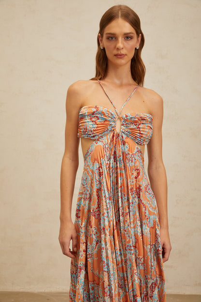 Andréa Orange Floral Print Pleated Maxi Dress with Cutout Detail