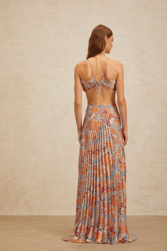 Andréa Orange Floral Print Pleated Maxi Dress with Cutout Detail