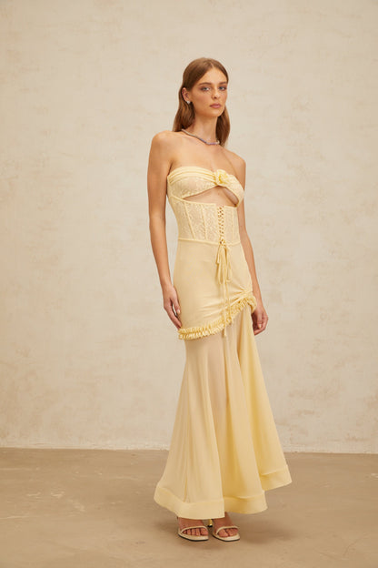 Estelle Yellow Lace Panel Corset Maxi Dress