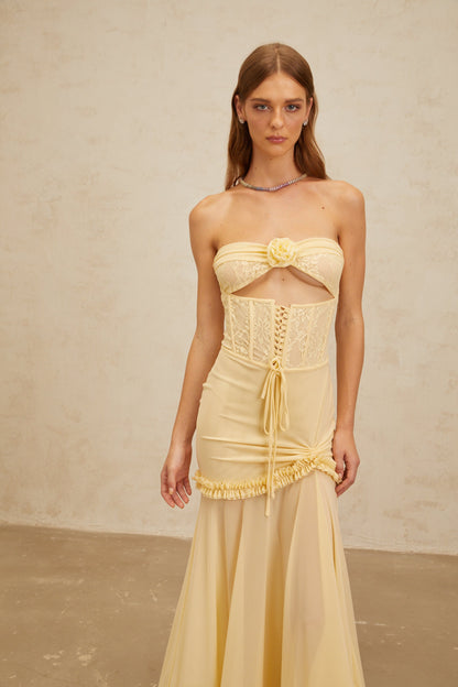 Estelle Yellow Lace Panel Corset Maxi Dress