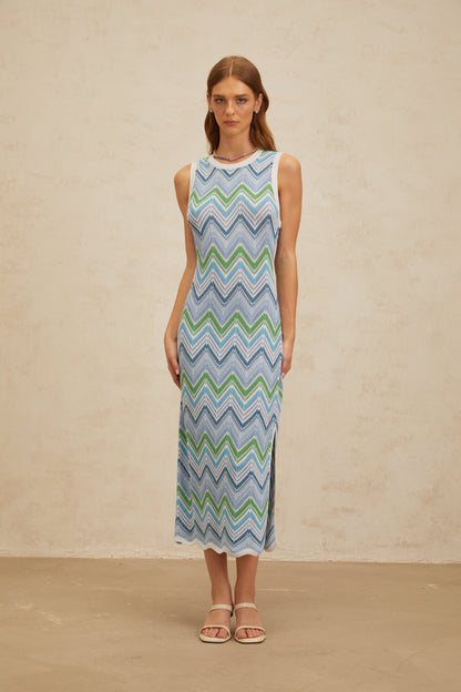 Solène Blue Chevron Knit Midi Dress