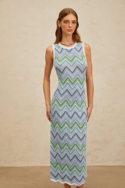 Solène Blue Chevron Knit Midi Dress