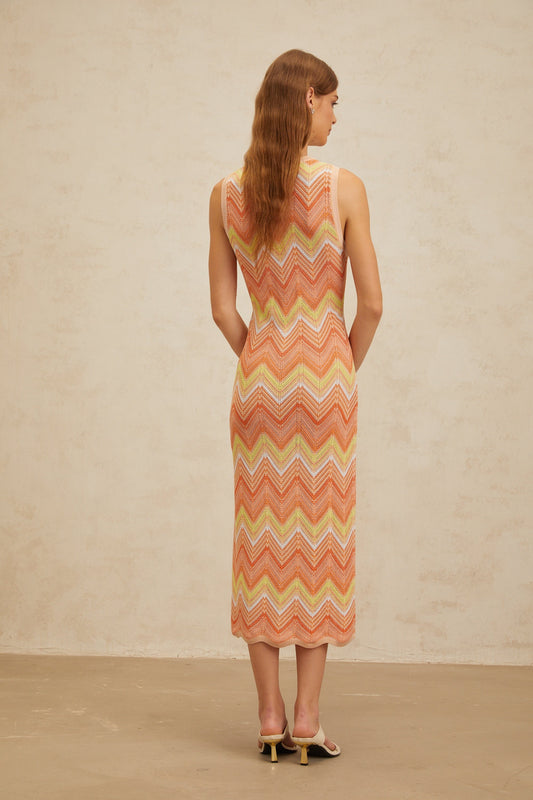 Solène Orange Chevron Knit Midi Dress