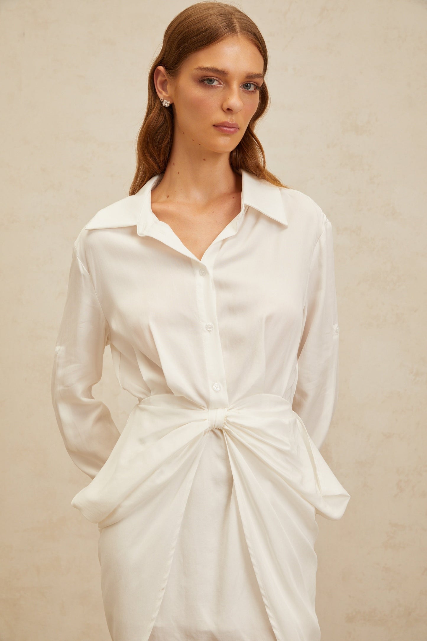 Diane White Chic Bowknot Mini Shirt Dress