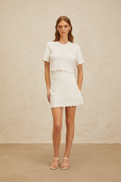 Maxanne cream-white ruffled pointelle-knit top & skirt matching set