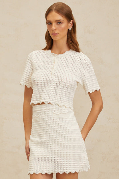 Maxanne cream-white ruffled pointelle-knit top & skirt matching set