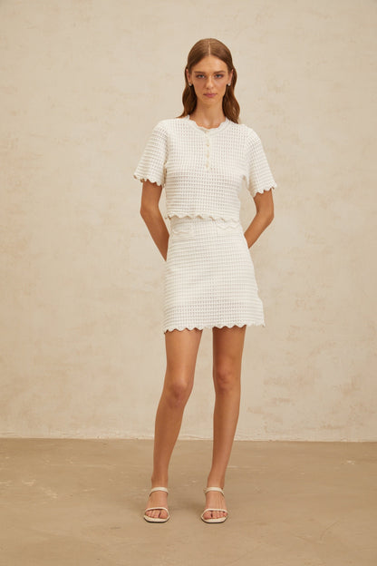 Maxanne cream-white ruffled pointelle-knit top & skirt matching set