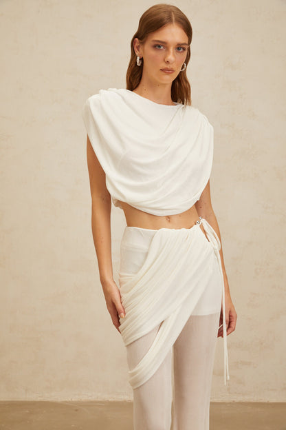 Dulcie White Asymmetrical Ruched Matching Set