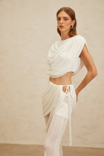 Dulcie White Asymmetrical Ruched Matching Set
