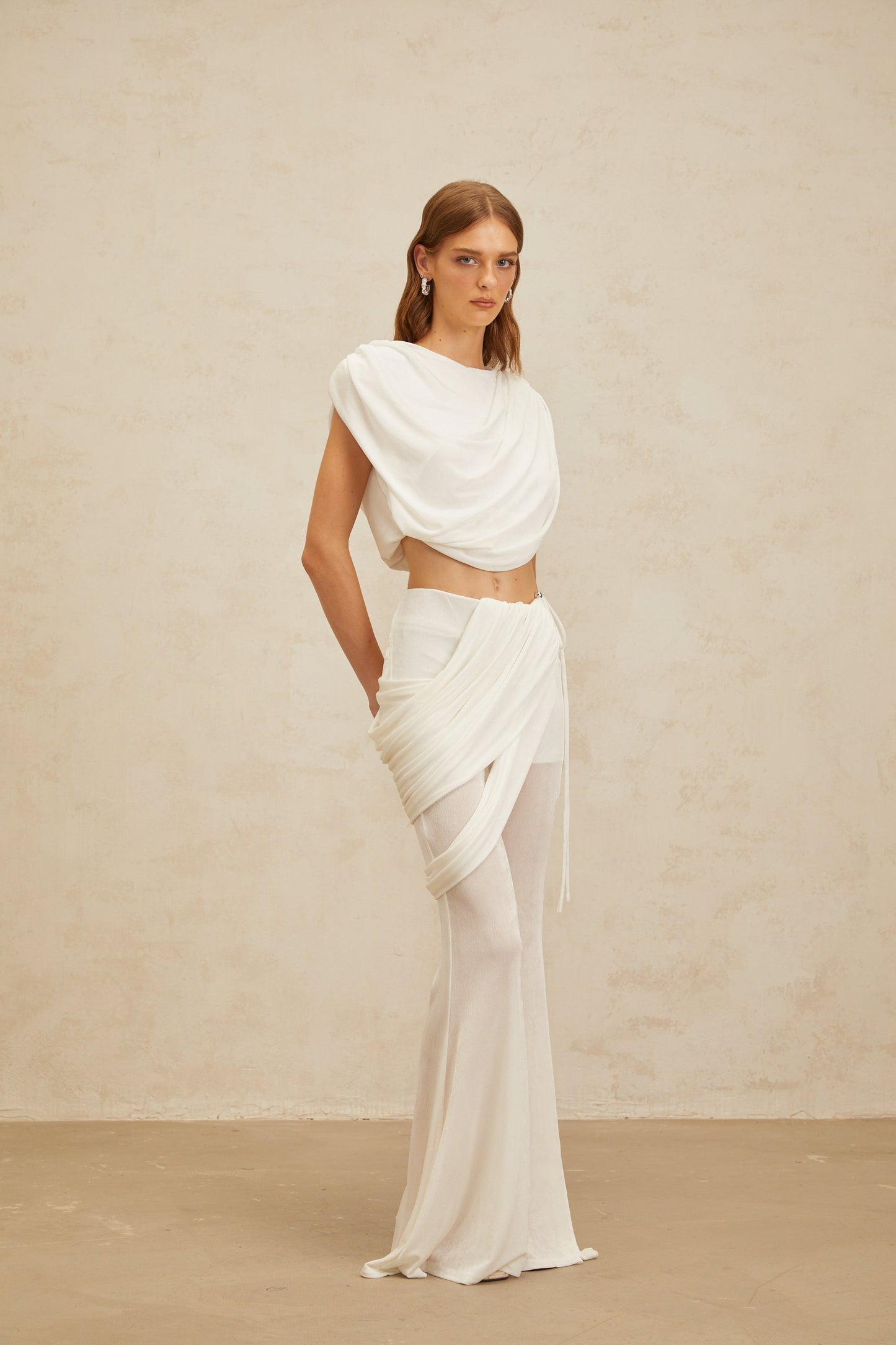 Dulcie White Asymmetrical Ruched Matching Set