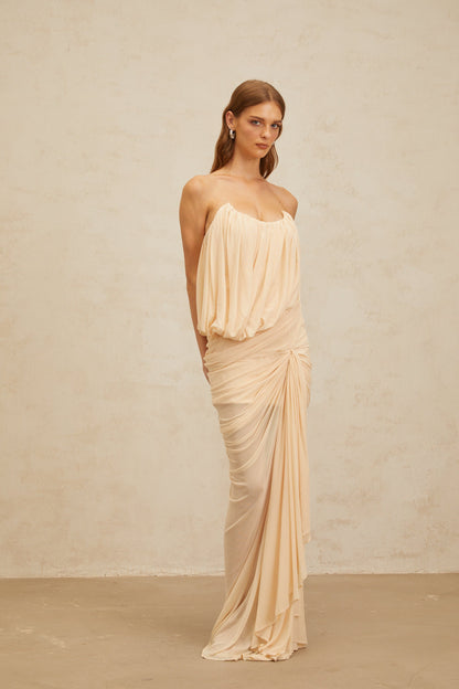 Xénia Neutrals Draped Ruched Maxi Dress