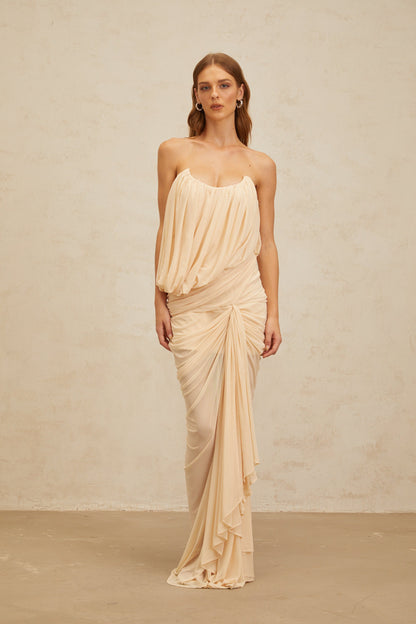 Xénia Neutrals Draped Ruched Maxi Dress