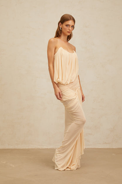Xénia Neutrals Draped Ruched Maxi Dress