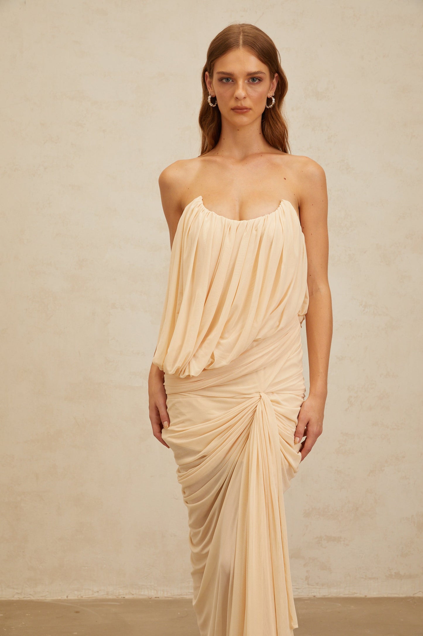 Xénia Neutrals Draped Ruched Maxi Dress