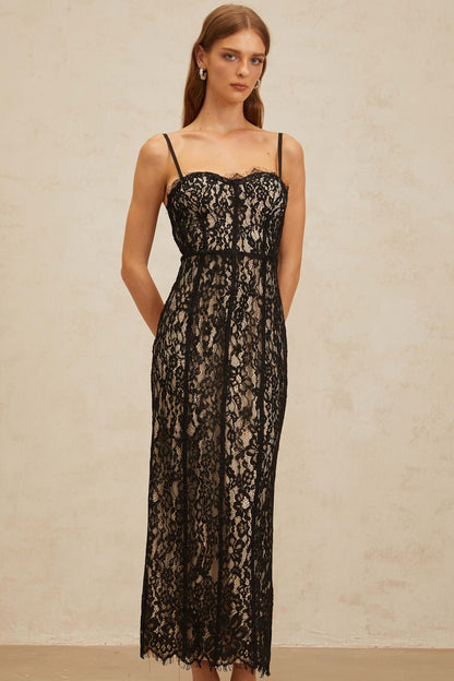 Fleur Black Floral Lace Bustier Maxi Dress