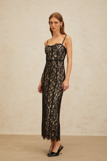 Fleur Black Floral Lace Bustier Maxi Dress