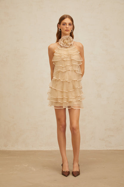 Coralie Khaki 3D Petal Layered Tulle Mini Dress