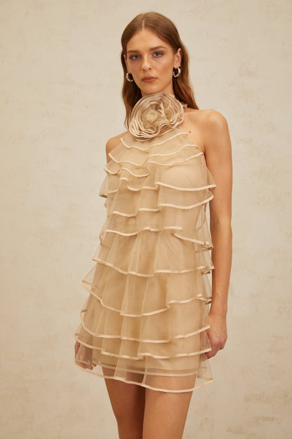 Coralie Khaki 3D Petal Layered Tulle Mini Dress