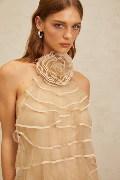 Coralie Khaki 3D Petal Layered Tulle Mini Dress