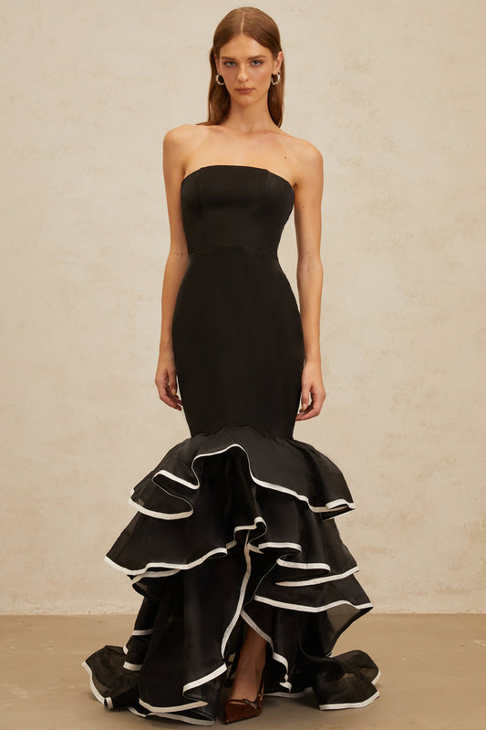 Dianthe Black Ruffled Mermaid Tiered Maxi Dress