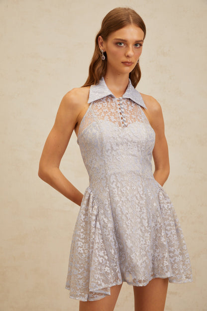 Diane Blue Halterneck Floral Lace Mini Dress