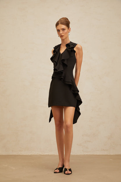 Estelle Black Asymmetrical Ruffled Cocktail Mini Dress