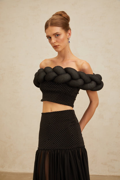 Camille Black Braid-Detail Rhinestone Embellished Crop Top