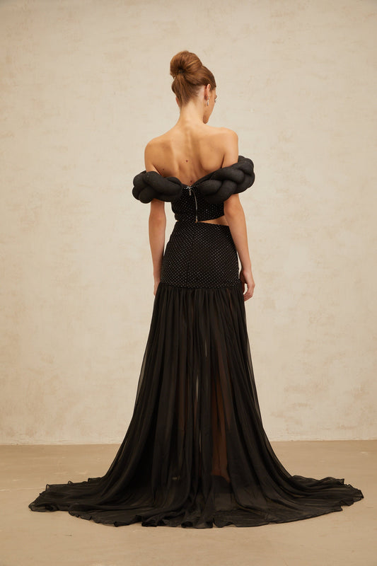 Camille Black Braid-Detail Rhinestone Embellished Crop Top