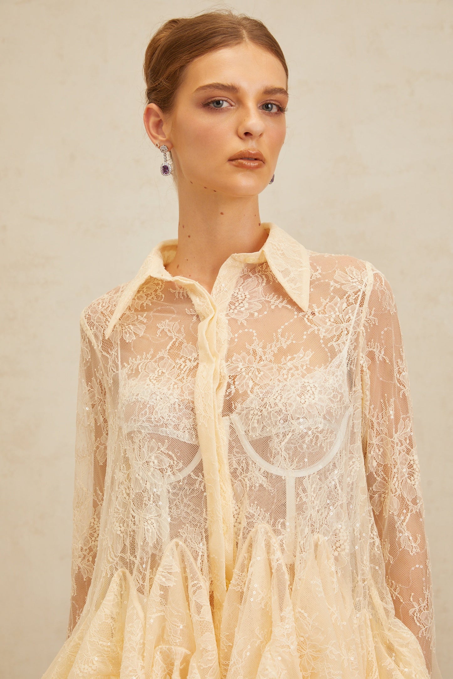 Ingrid Neutral Peplum Floral Lace Blouse