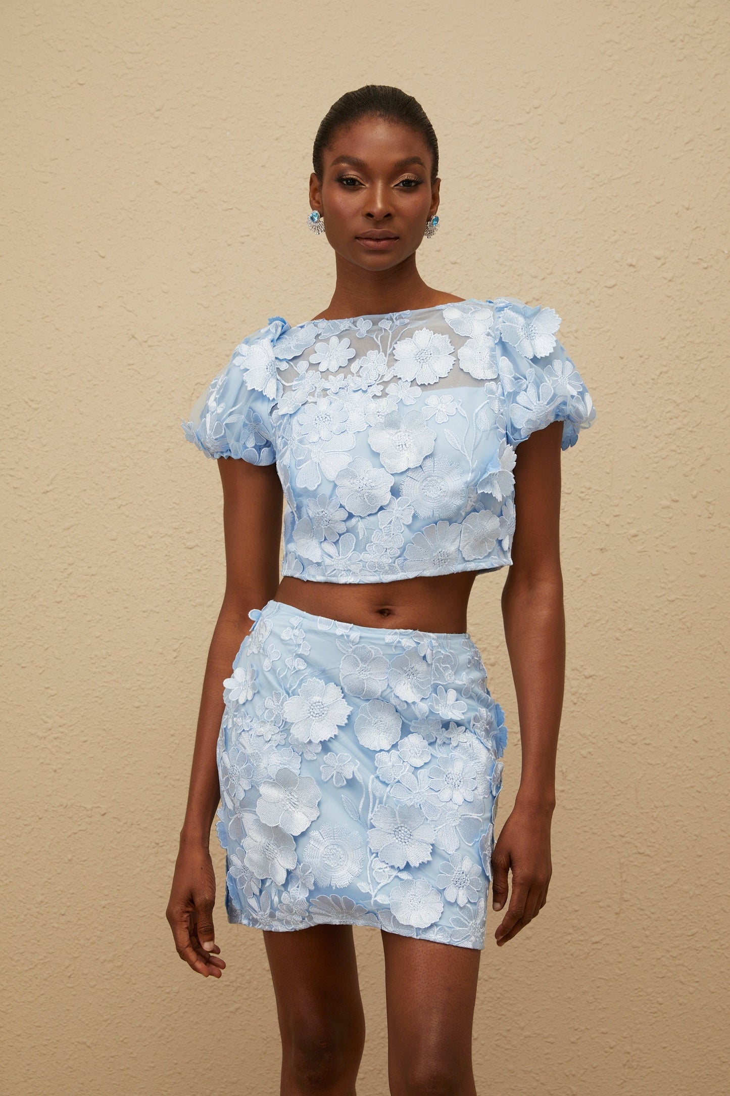 Caméo Blue Embroidered 3D Petal Co-ord Set
