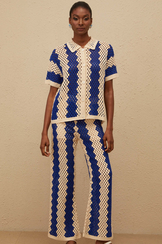 Océane Blue Cutout Crochet Knit Shirt & Trousers Set