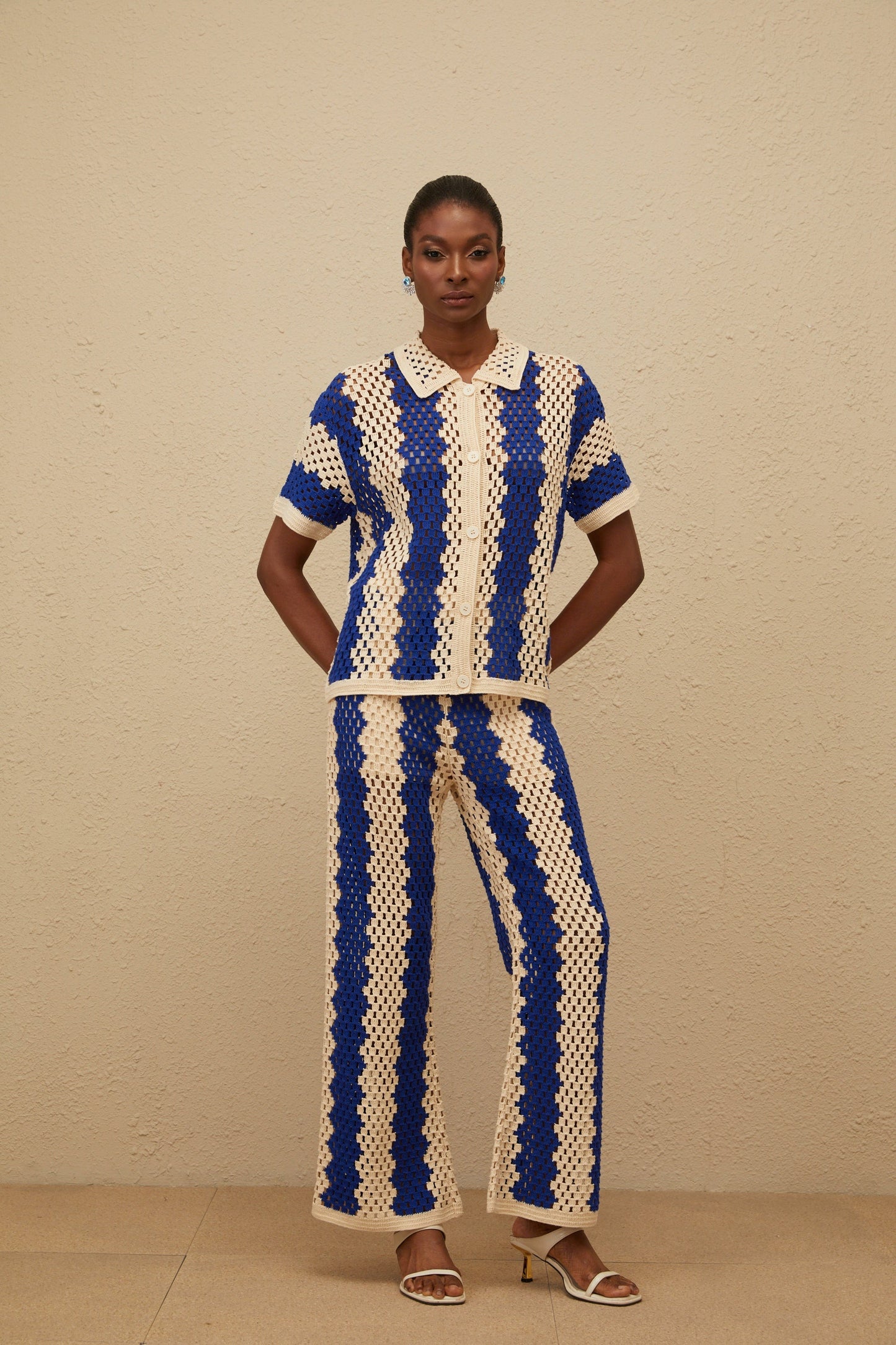 Océane Blue Cutout Crochet Knit Shirt & Trousers Set