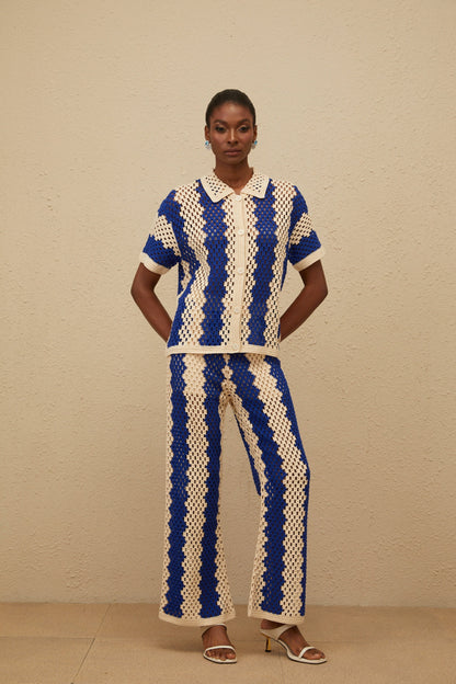 Océane Blue Cutout Crochet Knit Shirt & Trousers Set