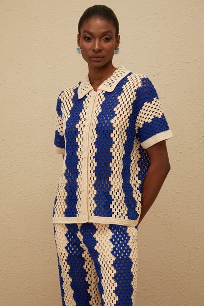 Océane Blue Cutout Crochet Knit Shirt & Trousers Set