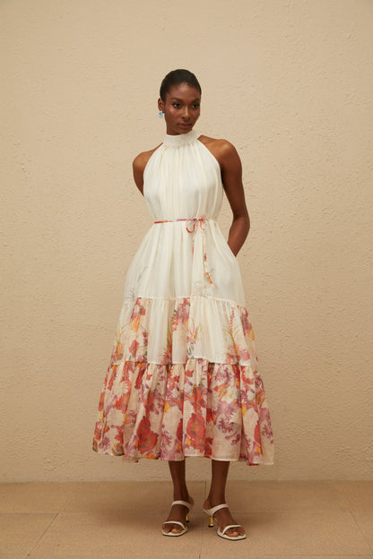 Fleur Neutral Shirred Floral Midi Dress