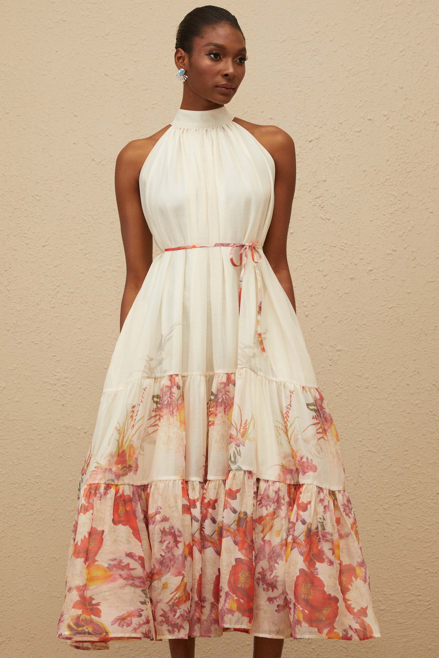 Fleur Neutral Shirred Floral Midi Dress