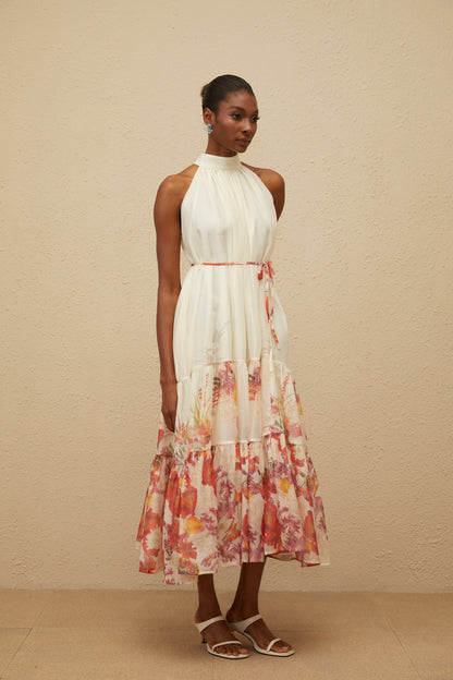 Fleur Neutral Shirred Floral Midi Dress