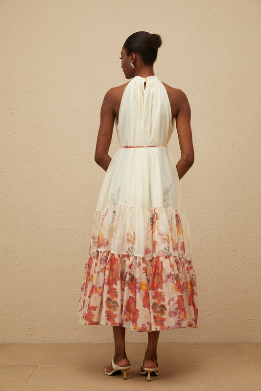 Fleur Neutral Shirred Floral Midi Dress