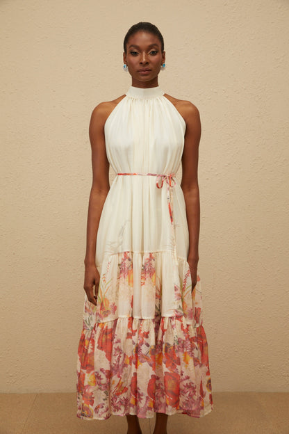 Fleur Neutral Shirred Floral Midi Dress