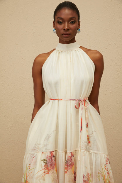 Fleur Neutral Shirred Floral Midi Dress