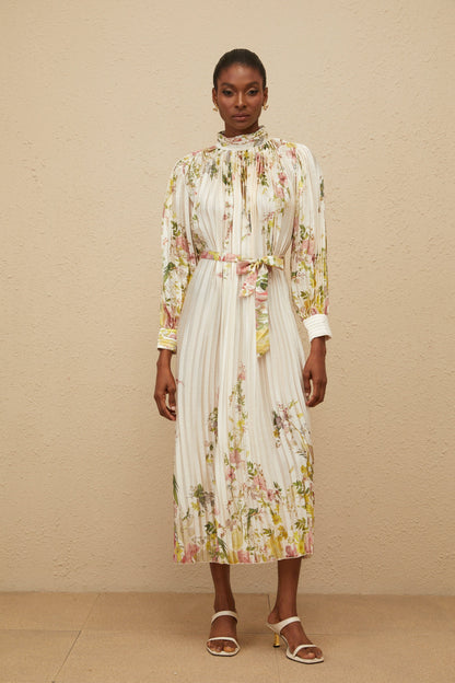 Poétique White Pleated Floral Print Midi Dress